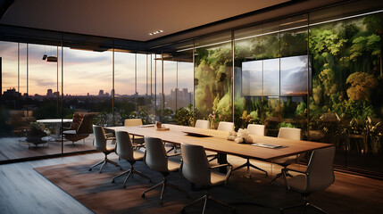 A conference room with glass walls and a view of a rooftop garden.