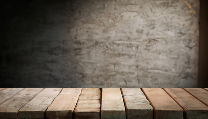 Old wood table with blurred concrete block wall in dark room background. image for interior- copy space