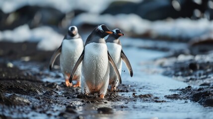 heartwarming composition featuring playful penguins frolicking in the mud, capturing their sleek bodies and comical waddles