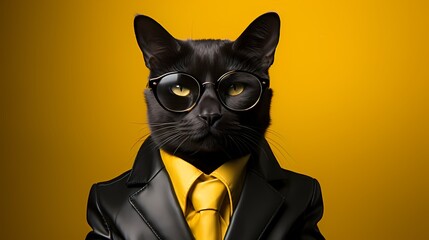 A sophisticated cat dressed in a tailored suit and donning sleek cat-eye glasses poses with confidence against a solid bright yellow background. 