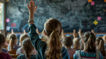 Schoolchildren raising their hands in the classroom, back view