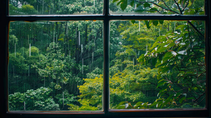 A serene scene of a rainy day viewed through a window, showcasing the tranquil beauty of a dense forest bathed in rain, embodying peacefulness.