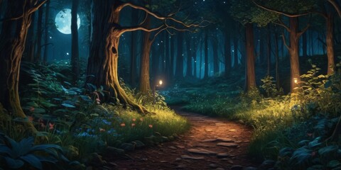 A mystical magical mysterious fairy-tale forest with a huge moon, fireflies, a path and a river