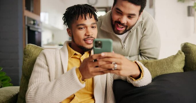 Gay couple, home and smartphone with happiness, smile and communication in lounge and connection. Apartment, lgbtq and men with cellphone and digital app with queer people, love or bonding together