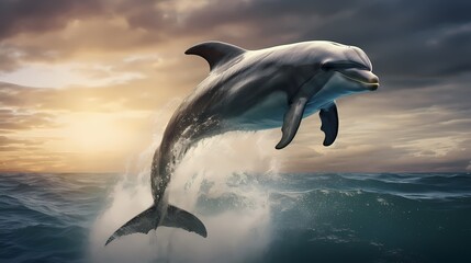 A sophisticated dolphin in a silk scarf, leaping gracefully in the ocean