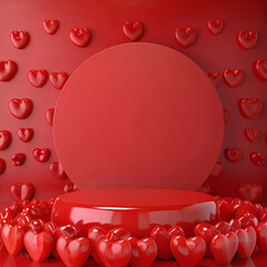 Red podium background for product, Symbols of love for women's holiday, Valentine's Day, 3D rendering.