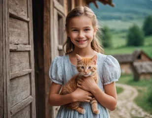 Fototapete Heringsdorf, Deutschland A village girl in a dress with a red kitten in her arms