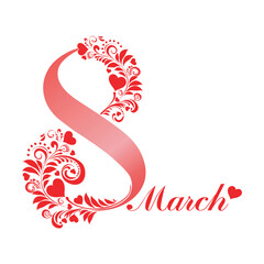 8 march. Women's Day card with floral elements isolated on White background. Vector illustration