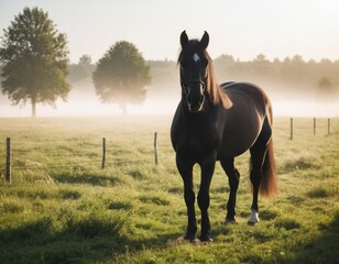 Black horse in the sundown light at foggy morning