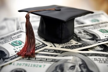 Symbolic concept of the cost of college and university education depicted by a graduation mortar board cap resting on one hundred dollar bills - obrazy, fototapety, plakaty