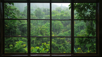A serene scene of a rainy day viewed through a window, showcasing the tranquil beauty of a dense forest bathed in rain, embodying peacefulness.
