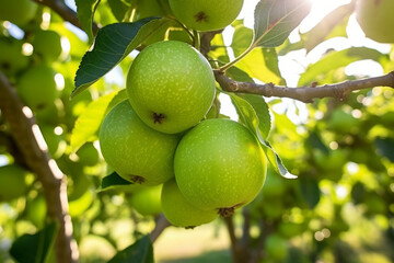 Close up view of the Granny Smith apples, growing on branch tree in apples orchard. Shallow depth of field