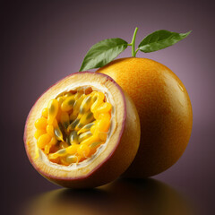 A fresh, ripe passion fruit, whole and halved with leaves, on a dark background - 745015594