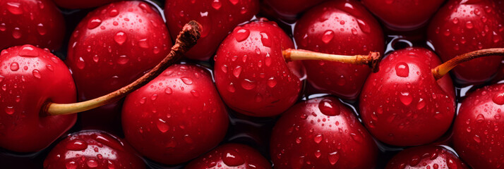 A ripe, fresh cherries with water drops as background, texture (banner) - 745015722