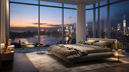 A modern bedroom with a wall of floor-to-ceiling windows and city views.
