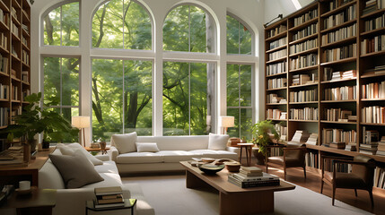 A modern library with tall bookshelves and bay windows.