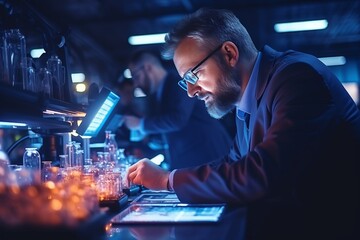 Male scientist examining biomaterial samples, analyzing cell structures in laboratory setting