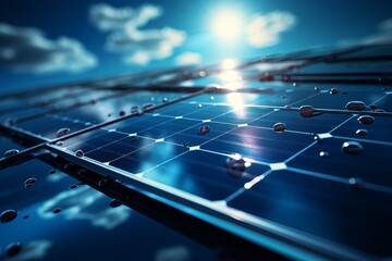 Close-up of solar panels generating renewable energy on a perfectly clear and sunny day - obrazy, fototapety, plakaty
