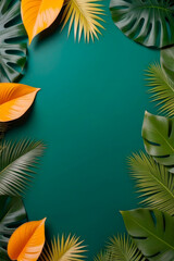Fototapeta na wymiar Top view of tropical leaves mini luggage and beach accessories, background sea vacation.