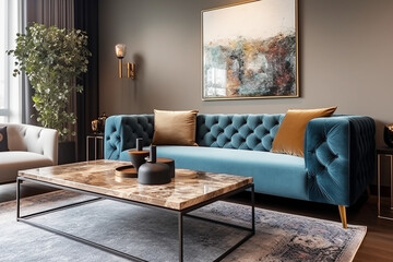 Luxe interior of the living room with a sofa in gray-blue tones.