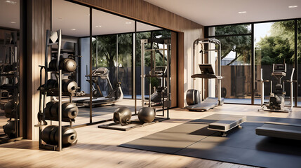 A visualization of a home gym with mirrored walls and glass doors.