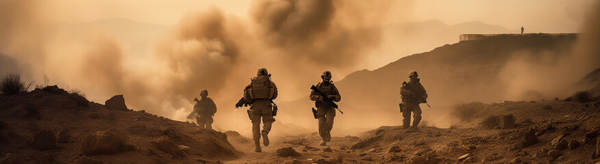 Military Special Forces soldiers cross a devastated war zone through fire and smoke in the desert, a broad poster design. - obrazy, fototapety, plakaty