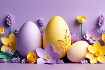 Paper cut style easter background with colorful flowers and Easter eggs in soft lavender and yellow...