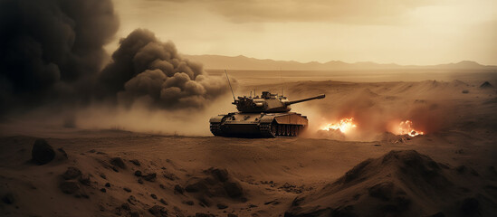 armored tank crossing a minefield during a military invasion epic scene of fire and some in the desert, wide poster design. - obrazy, fototapety, plakaty