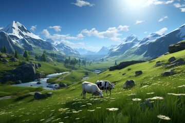 Fototapeta na wymiar Two cows peacefully grazing in the picturesque mountains and valleys on a sunny summer day