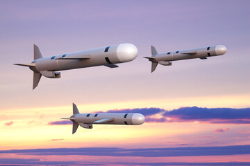 Fototapeta na wymiar Tomahawk cruise missiles against the sunset sky. 3d-rendering