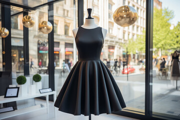 Elegant women's black midi dress on a mannequin in a window display in a shopping center. Little black dress