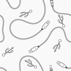 Editable Outline Style USB Cable Vector Illustration Seamless Pattern for Creating Background and Decorative Element of Computer Related Design