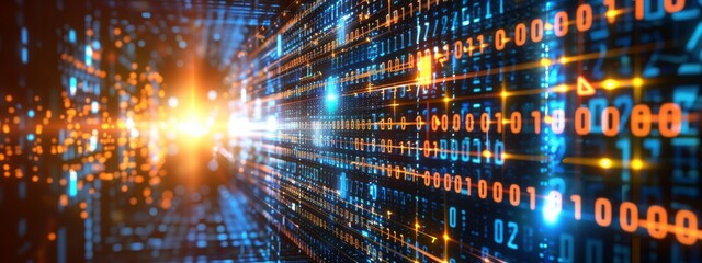 Binary technology banner with zeros and ones, orange and blue colors