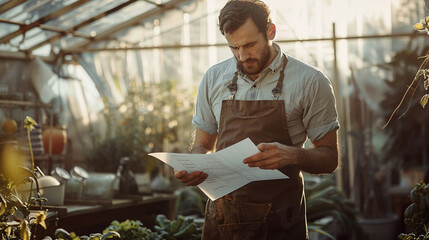 Naklejka premium Gardener with apron holding a paper in a greenhouse