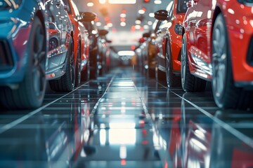 Cars in a row for sale in a showroom - obrazy, fototapety, plakaty