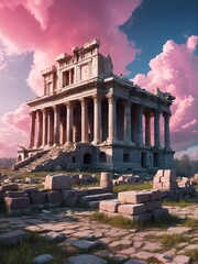Obraz premium Ancient rubles and ruins with pink clouds on the sky background from Generative AI