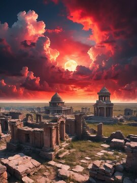 Ancient rubles and ruins with red clouds on the sky background from Generative AI