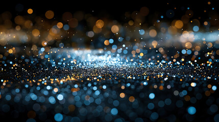 Abstract glittering white, blue and golden particles against a black background - obrazy, fototapety, plakaty