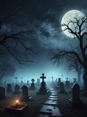 Scary creepy foggy graveyard with night sky from Generative AI