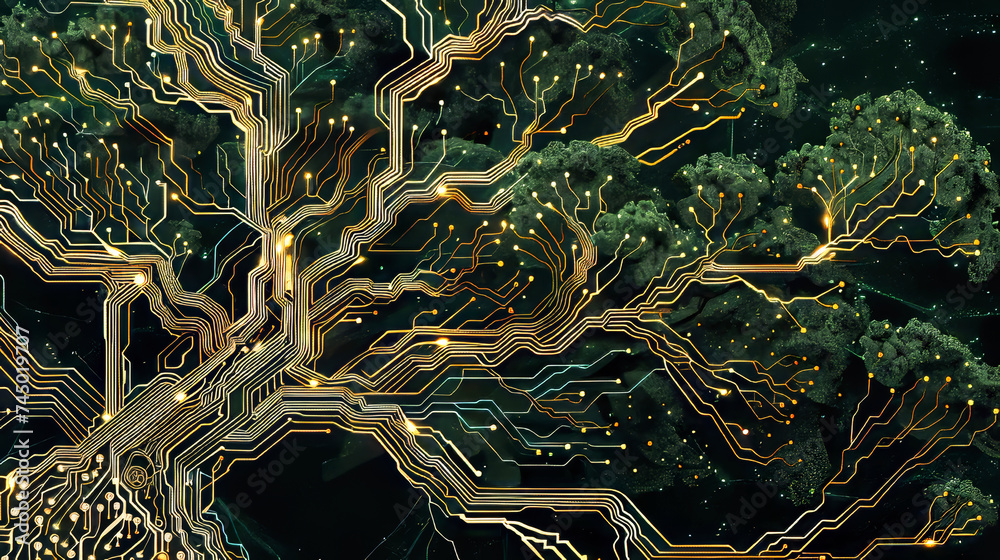 Poster creative stylized tree made of circuit lines. nature and electronics fusion concept.