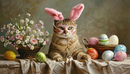 A Cat disguised as an Easter Bunny - obrazy, fototapety, plakaty