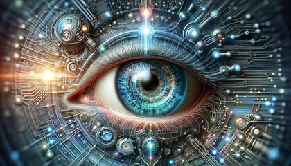 
The image displays a highly detailed, cybernetic eye symbolizing a fusion of technology and human vision, with intricate circuits and glowing lights.Technology background concept.AI generated.