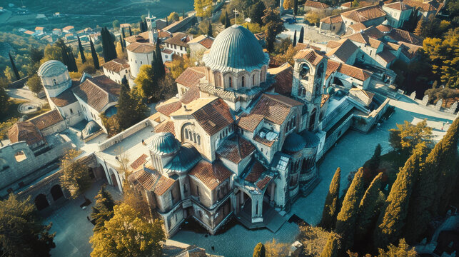 Aerial view of a generic old orthodox monastery