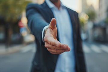 A businessman extends an offer for a handshake