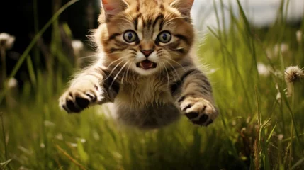 Foto op Canvas A beautiful cat jumps in a summer meadow, runs merrily through a clearing, throwing its paws and tail high. © Cherkasova Alie