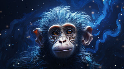 Cosmic Primate A Blue Monkey Amidst the Starry - obrazy, fototapety, plakaty