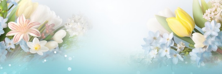 Beautiful natural background with spring and lazy flowers on a blurred background with space. Ultra-wide panoramic landscape, banner format.