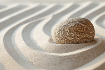 A stone in raked sand, creating a mini rock garden with a Zen concept