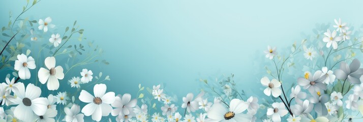 Beautiful natural background with spring and lazy flowers on a blurred background with space. Ultra-wide panoramic landscape, banner format.