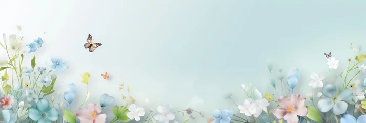 Fototapete Beautiful natural background with spring and lazy flowers on a blurred background with space. Ultra-wide panoramic landscape, banner format. © inna717